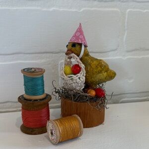 Handmade little duck with Easter Basket and eggs figurine decor